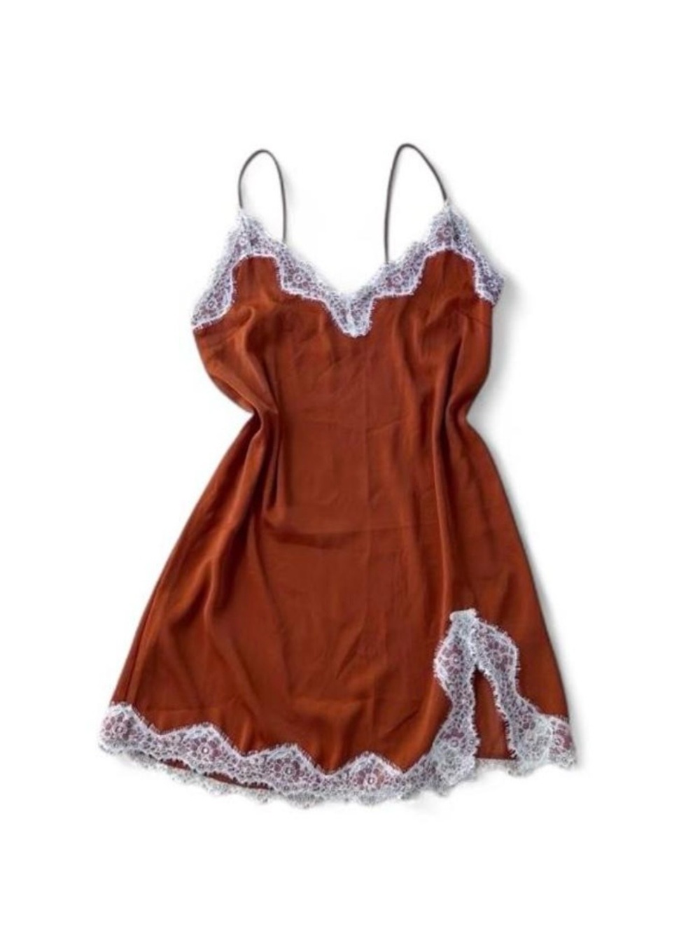 Burnt Orange Lace Shirt Slip Dress Cami White Eyelash Lace Trim Size Small - Picture 2 of 8